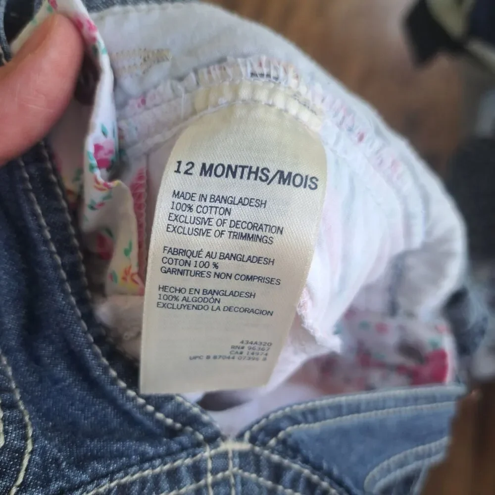Oshkosh 12 Month Baby Overall Dress Jumper Denim Pink Floral Gingham Lace Tiered
